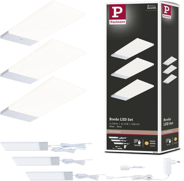 Paulmann led-onderkastverlichting bredo naderingsschakelaar set van 3 3x2,5w 80x190 mm 3x180lm 230 12v zilver