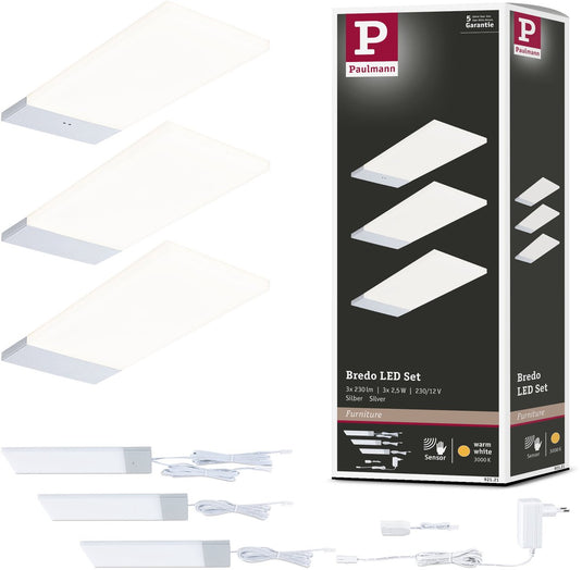Paulmann led-onderkastverlichting bredo naderingsschakelaar set van 3 3x2,5w 80x190 mm 3x180lm 230 12v zilver