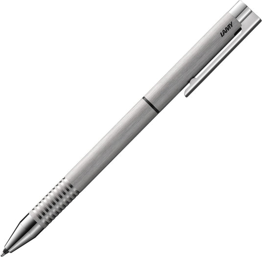 Lamy set bestaande uit 1x twin pen multi-pen systeem met logo 606 balpennen en vulpotlood van roestvrij staal in geborsteld en 1x echt lederen etui in zwart voor twee schrijfinstrumenten