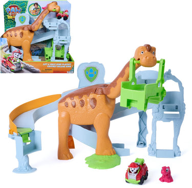 Paw patrol - de dino film - lift race dino-speelset met brachiosaurus van 25,4 cm, marshall pup squad racer en rhubarb-actiefiguur