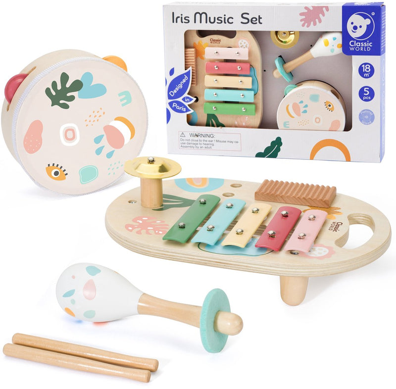 Afbeelding laden in galerijviewer, Classic world klassieke wereldset muziekinstrumenten voor kinderen bekkens trommelrammelaar 5 stuks. - uni
