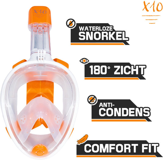 X10 snorkelmasker - duikbril - snorkel - snorkelset - full face masker - kinderen - oranje - xs