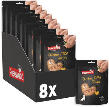 Rosewood chicken fillet strips small - hondensnack voor kleine honden - 97% kip - eiwitrijk vetarm - zonder kunstmatige toevoegingen - 8 zakjes à 150g