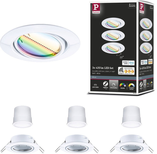 Paulmann led-inbouwlamp smart home zigbee 3.0 base coin basisset zwenkbaar rond 90 mm 20° coin 3x4,9w 3x420lm 230v dimbaar rgbw+ wit