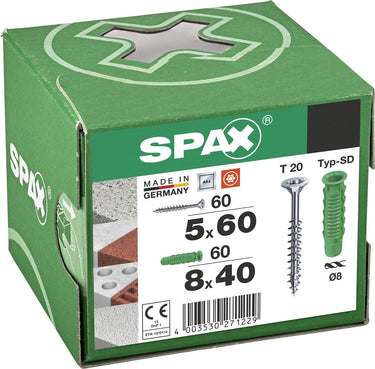 Spax pluggen type sd 8 x 40 mm + universele schroef, 5 x 60 mm, verzonken kop, deeldraad, t-star plus t20, wirox, 60 + 60 stuks - 5000001200025