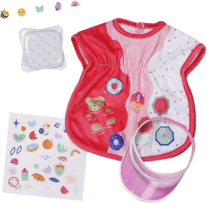 Load image into Gallery viewer, Baby born poppen strandoutfit multicolor met zonnebescherming.
