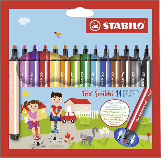 Stabilo trio scribbi - ergonomische viltstift - onverwoestbaar door meeverende schrijfpunt - etui met 14 kleuren
