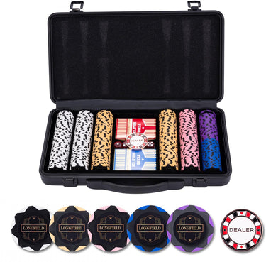 Longfield pokerset 300 chips 14 gram - zwarte aluminium koffer - speelkaarten - dealer button - dobbelstenen - engelhart