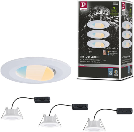 Paulmann led inbouwspots calla set van 3 - wit mat - ip65 - 5w per spot - 430 lm - 230v - whiteswitch - inbouwspots badkamer