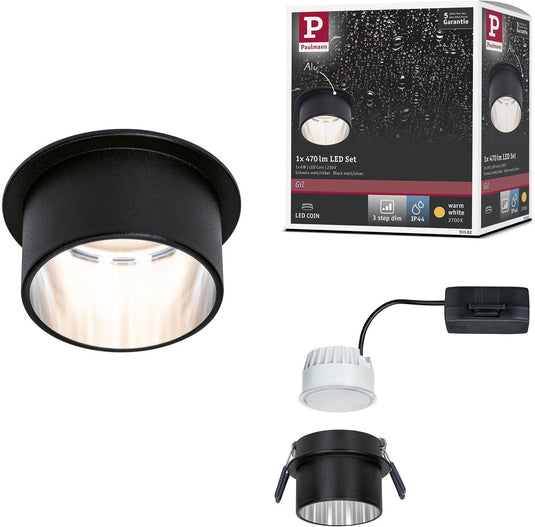 Paulmann led-inbouwlamp 3-step-dim gil coin ip44 rond 68 mm coin 6w 470lm 230v dimbaar 2700k zwart mat, staal geborsteld