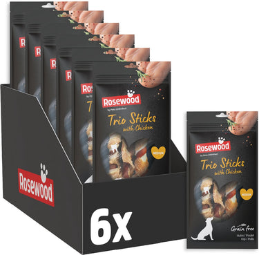 Rosewood trio sticks kip medium - kauwsticks voor honden - met kip runderhuid - graanvrij - zonder kunstmatige toevoegingen - 6 zakjes à 3 kauwstaven