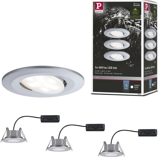 Paulmann led-inbouwlamp calla basisset zwenkbaar ip65 rond 90 mm 30° 3x6w 3x530lm 230v 4000k chroom mat