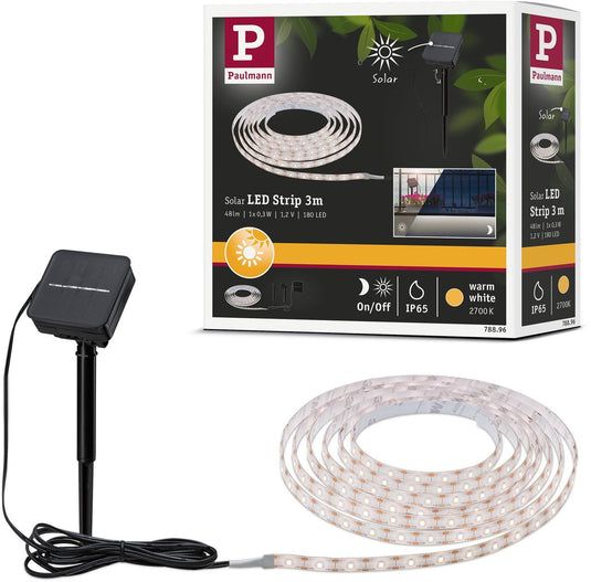 Paulmann solar led strip 3 meter warmwit 2700k - ip44 - met schemersensor - 0,3w - 60 leds m