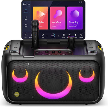 Ikarao karaoke set voor volwassenen - break x1 - 2 draadloze microfoons - 800w - gratis karaoke app 6 maanden - hd scherm - zwart