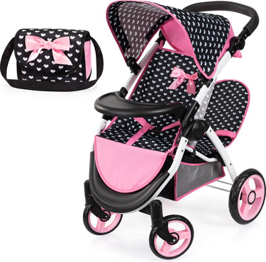 Bayer design tweeling poppenwagen twin xeo, dubbele poppenwagen, verstelbare duwstang, tas in zwart wit roze