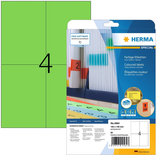 Herma 4564 gekleurde etiketten a4 groen 105x148mm papier verwijderbaar 80st.