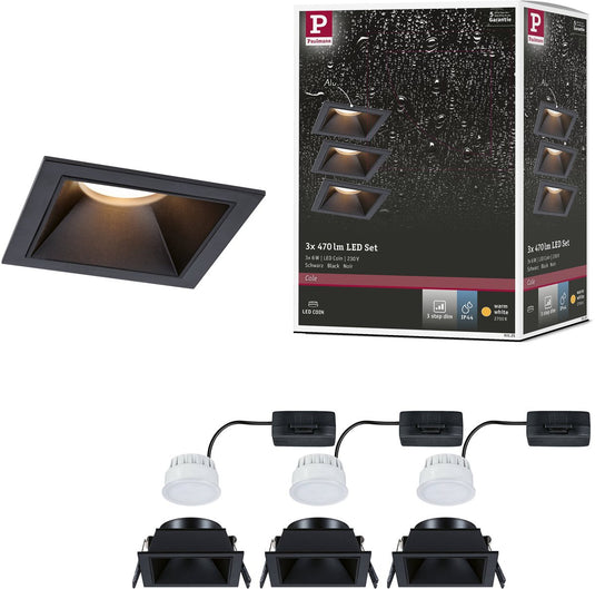 Paulmann led-inbouwlamp 3-step-dim cole coin set van 3 ip44 hoekig 88x88 mm coin 3x6w 3x470lm 230v dimbaar 2700k zwart