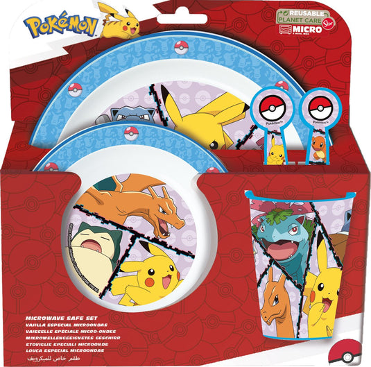 Stor pokémon kinderservies - 5-delig - herbruikbaar - inclusief bord, kom, bestek en beker - vaatwasser- en microgolfbestendig bpa-vrij - wit blauw