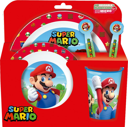 Stor nintendo's super mario kinderservies - 5-delig - herbruikbaar - inclusief bord, kom, bestek en beker - vaatwasser- en microgolfbestendig bpa-vrij - wit rood