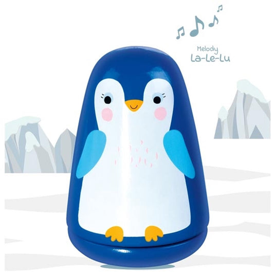 Goki muziekdoos: goedenacht kleine pinguin h11,5xdiam,7,5cm, melodie la-le-lu, in hout