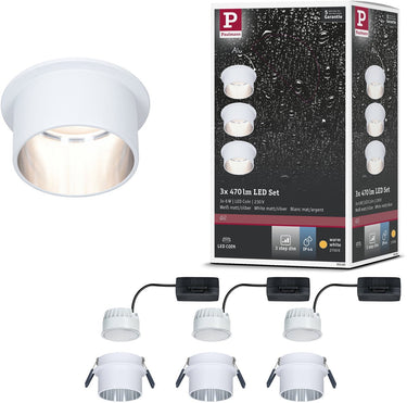 Paulmann led-inbouwlamp 3-step-dim gil coin basisset ip44 rond 68 mm coin 3x6w 3x470lm 230v dimbaar 2700k wit mat, staal geborsteld