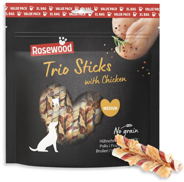 Rosewood trio sticks hondensnack kip medium – stevige kauwsticks van runderhuid – voordeelverpakking 450 g – graanvrij – zonder kunstmatige toevoegingen