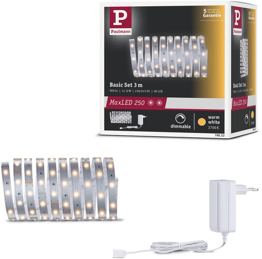 Paulmann maxled 250 led strip basisset 3m 2700k 3m 12w 300lm m 30 leds m 2700k 24va