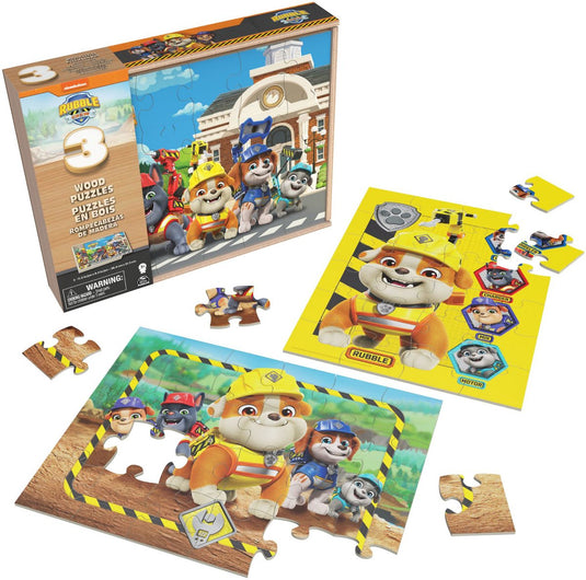 Spin master games houten puzzel cartoon rubble crew 3x24 stukjes in houten box.