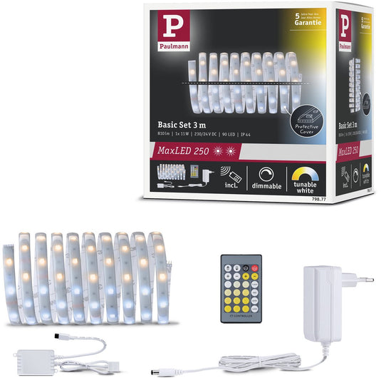 Paulmann maxled 250 led strip basisset 3m tunable white 3m gecoat ip44 11w 270lm m 30 leds m tunable white 24va