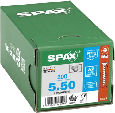 Spax roestvaststalen schroef, 5 x 50 mm, 180 stuks, deeldraad, verzonken kop, t-star plus t20, 4cut, roestvast staal a2 - 8000000287893