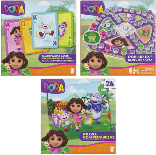 Spin master games spin master dora spellen en puzzel pakket met kaartspel en pop-up spel.