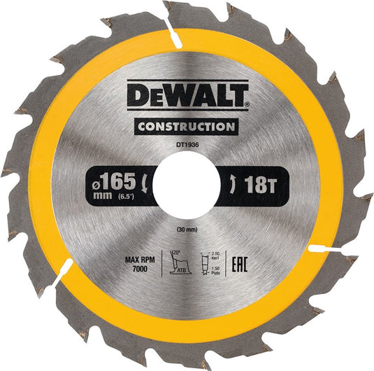 Dewalt cirkelzaagblad voor hout | construction | ø 165mm asgat 30mm 18t - dt1936-qz