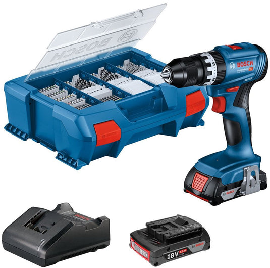 Bosch professional gsb 18v-45 accu klopboorschroevendraaier- 2x gba 18v 2.0 ah - lader gal 18v-20 - 82 accessoires