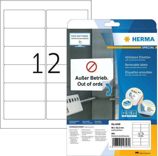 Herma special - verwijderbare etiketten - a4 - 9,6 cm x4,2 cm - 300 stuks - wit