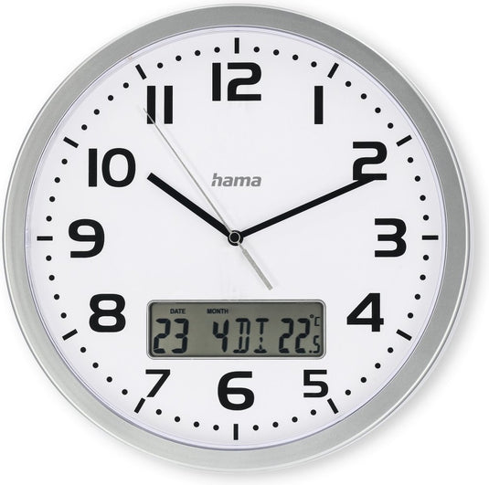 Hama wandklok- moorea- datum en temperatuurweergave- zilver