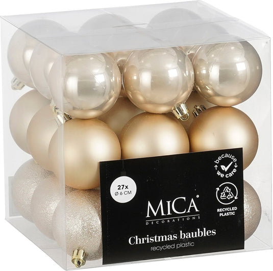 Mica decorations kerstballen set - 27 stuks - ø6 cm - onbreekbaar - crème