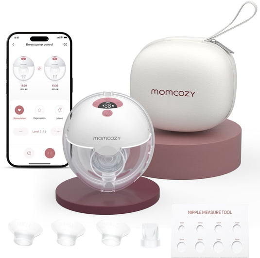 Momcozy m5 smart – handsfree borstkolf – 1 stuk – elektrisch – stil compact – met borstschild inserts - wit rood