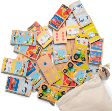 Woet ® houten domino spel met voertuigen - spelletjes voor kinderen - fsc - inclusief opbergzak - educatief speelgoed - vanaf 2 jaar