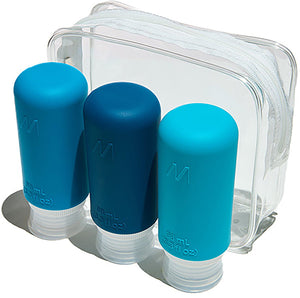 Muitomas reistas + 3 flesjes - handbagagevriendelijk - siliconen - makkelijke kleurcodering - 3x98ml - lekvrije doppen - blauw