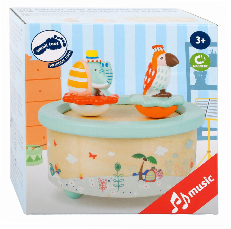 Load image into Gallery viewer, Small foot - houten muziekdoos papegaai en olifant
