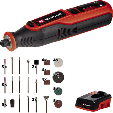Einhell accu roterende multitool - 7,2 v 1.5 ah li-ion - 5.500-26.000 t min - spanbereik: 1,6-3,2 mm - max. diameter opzetstukken: ø32 mm - max. opzetlengte: 18 mm - incl. laadstation + 57-delige accessoireset