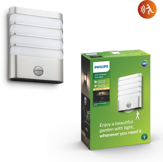 Philips led philips raccoon buitenwandlamp - met sensor - 1-lichts - rvs