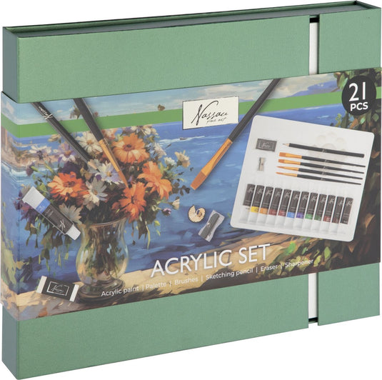 Nassau fine art schilderen starterset acrylverf 21pcs - hobbyverf met penselen - acrylverf tubes - giftset