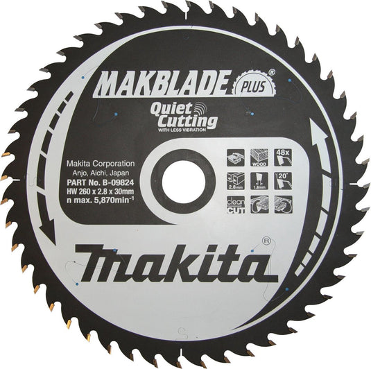 Makita cirkelzaagblad voor hout | makblade-plus | ø 260mm asgat 30mm 48t - b-09824