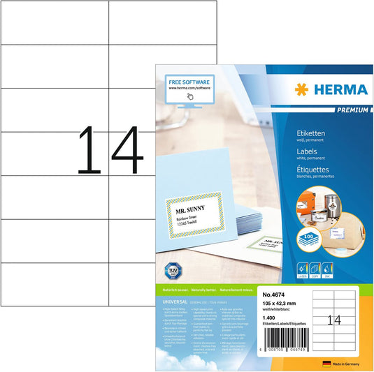 Herma prem. etiketten 105x42,3 100 bl. din a4 1400 stuks 4674