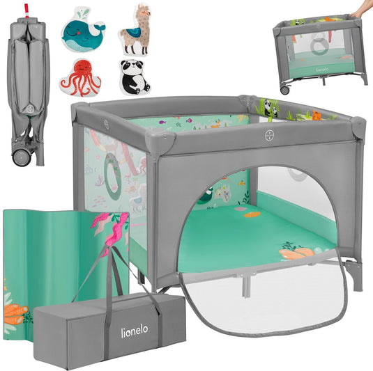 Lionelo mille plus kinderbox 0-36 maanden – babybox met t25 schuimmatras, educatief speelgoed, handgrepen voor leren staan, inklapbaar mobiel, zijdeur met ritssluiting – speelbox voor thuis en op reis