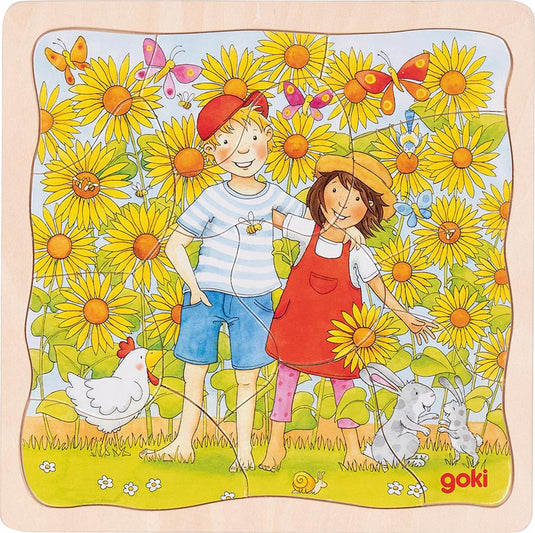 Goki puzzel - zonnebloemveld - 35 stukjes - 3 lagen - 20x20x1,1cm - hout - 3 jaar