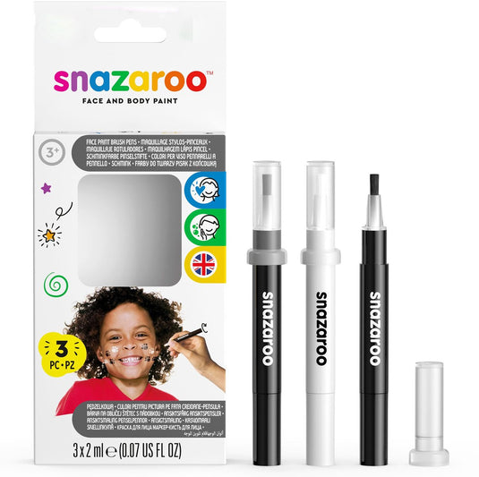 Snazaroo 1180156 brush pen set zwart wit 3 stuks – face paint stiften voor details contouren – direct gebruiksklaar