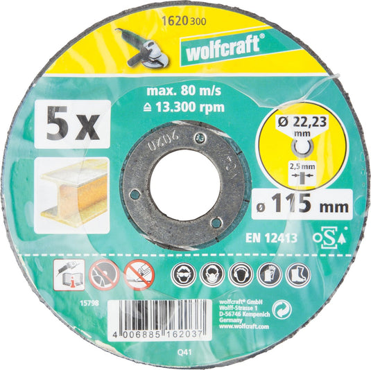 Wolfcraft - doorslijpschijven voor metaal - 115mm - 5 stuks - haaks gebogen - 1620300