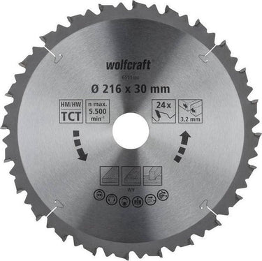 Wolfcraft - cirkelzaagblad 216x30 mm afkortzaag - 24 tanden - geschikt voor afkortzagen tafelzagen - 6551000